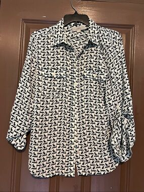LOFT Hunter green & White Rabbit Bunny Printed Button-Front Shirt M